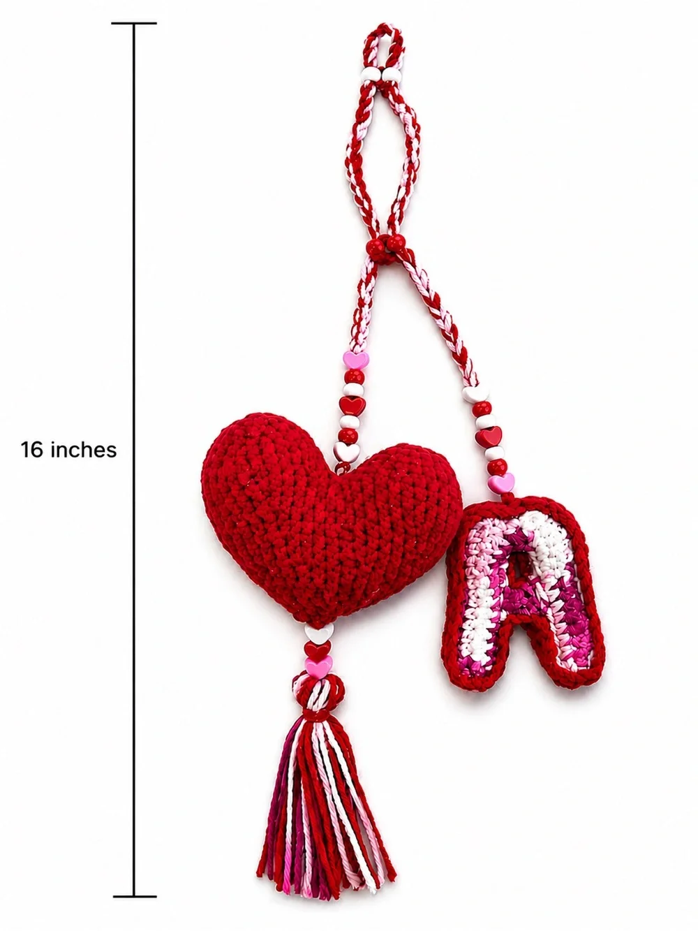 Red Crochet Heart Keychain with Pink Letter A Charm